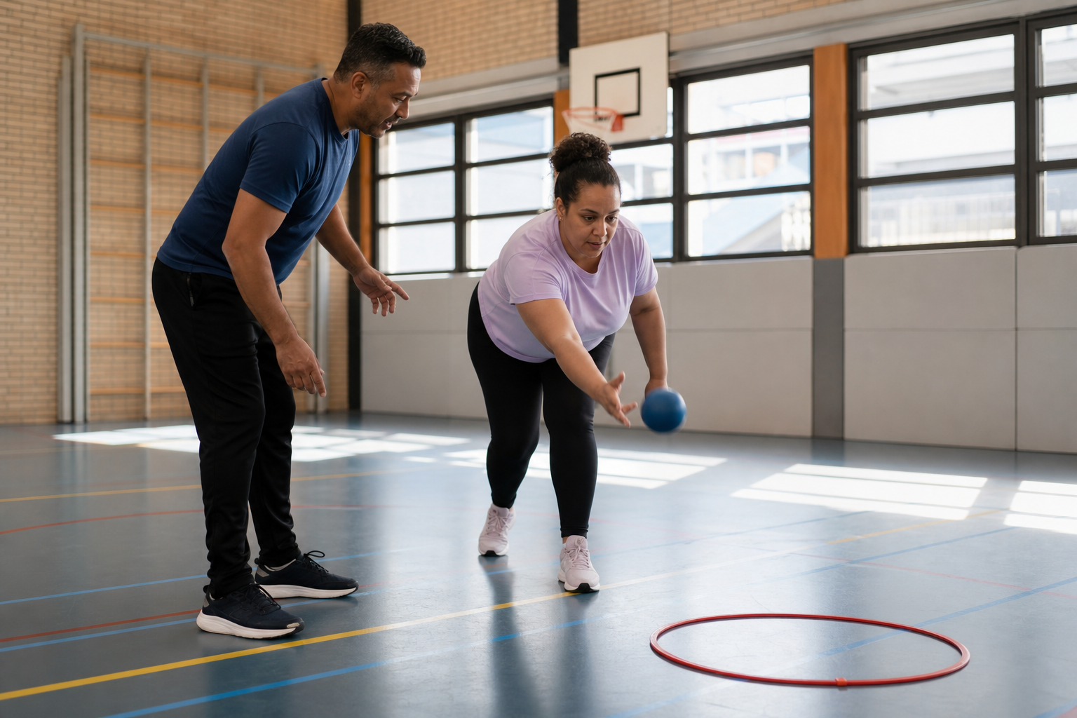 Een coach en volwassen sporter oefenen een gerichte balbeweging in een lichte sporthal
