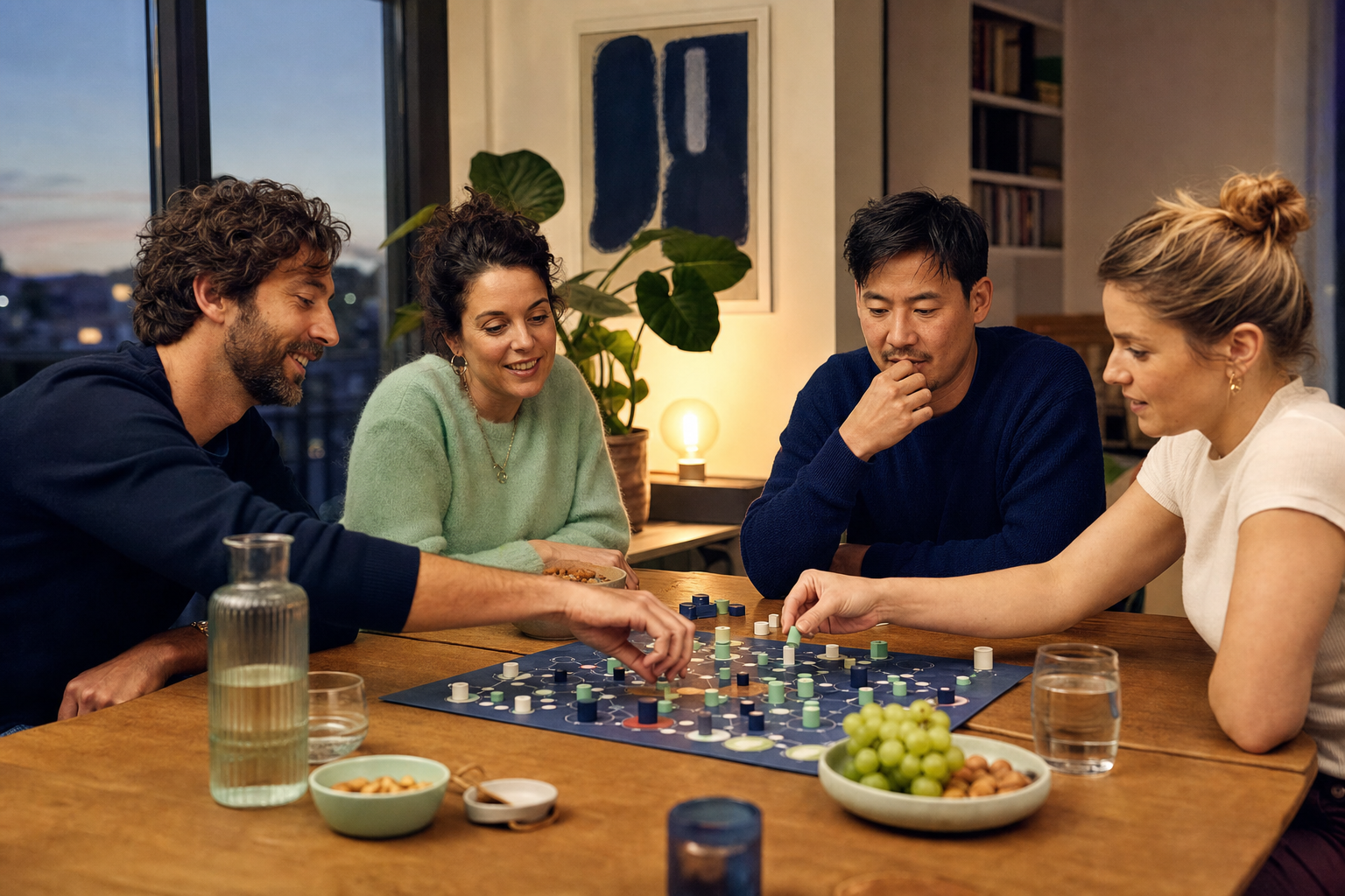 Vier volwassen vrienden spelen samen een bordspel aan een houten tafel