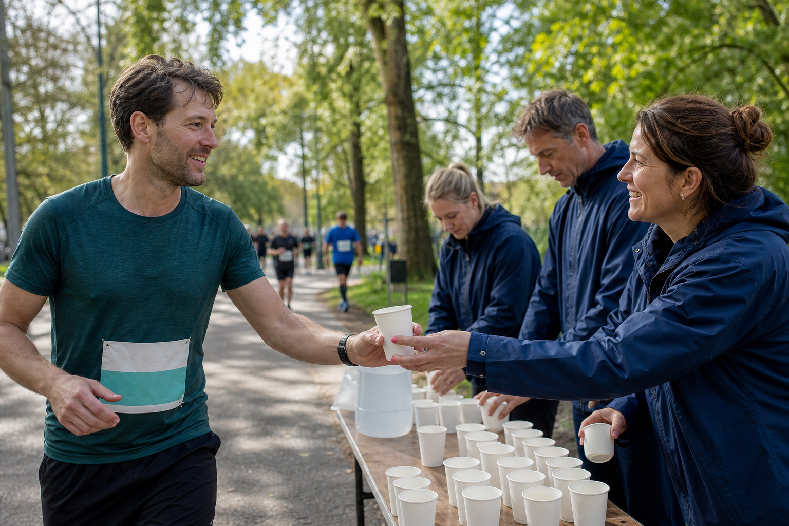 Een vrijwilliger geeft een beker water aan een volwassen deelnemer van een loopevenement in een park